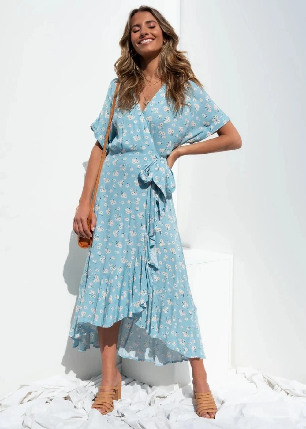 Women′s Printed Holiday Beach Slit Maxi Dress V Neck Short Sleeved Dress