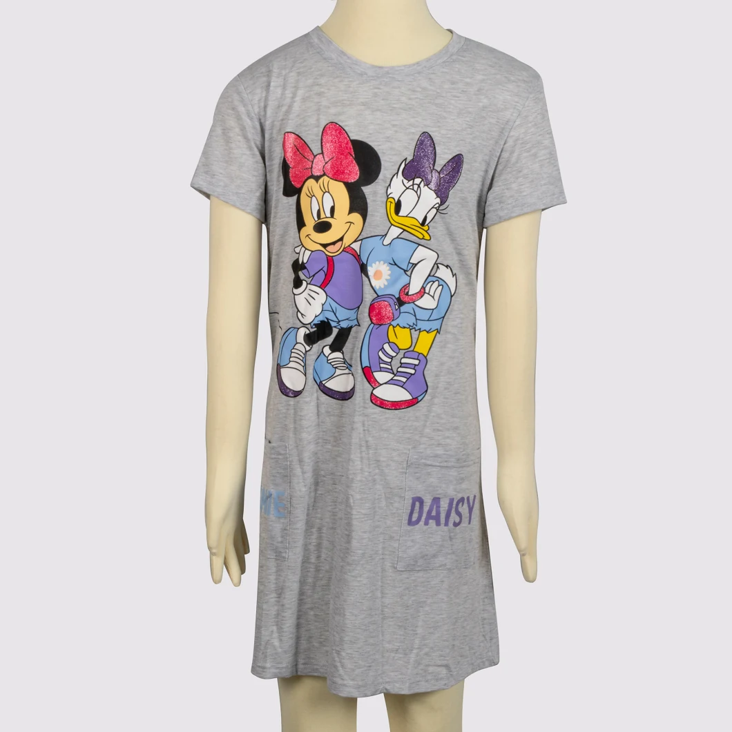 Custom Cartoon Casual Solid Color Round Collar Long Oversized Tshirt Dress Girl 5-14years