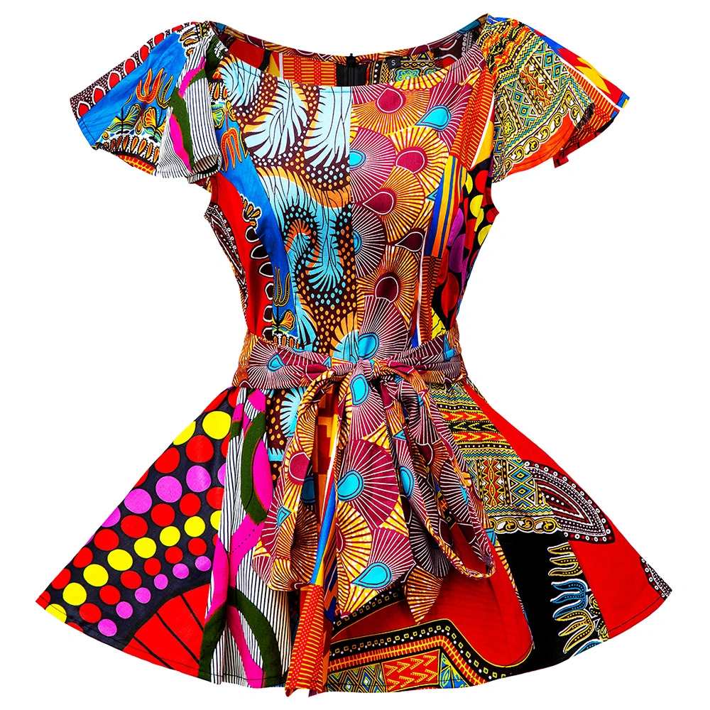 Modern African Blouse Designs Wax Print Women Tops Short Sleeve Tie Front Collect Waist African Women Shirt