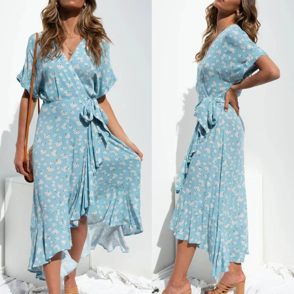 Women′s Printed Holiday Beach Slit Maxi Dress V Neck Short Sleeved Dress