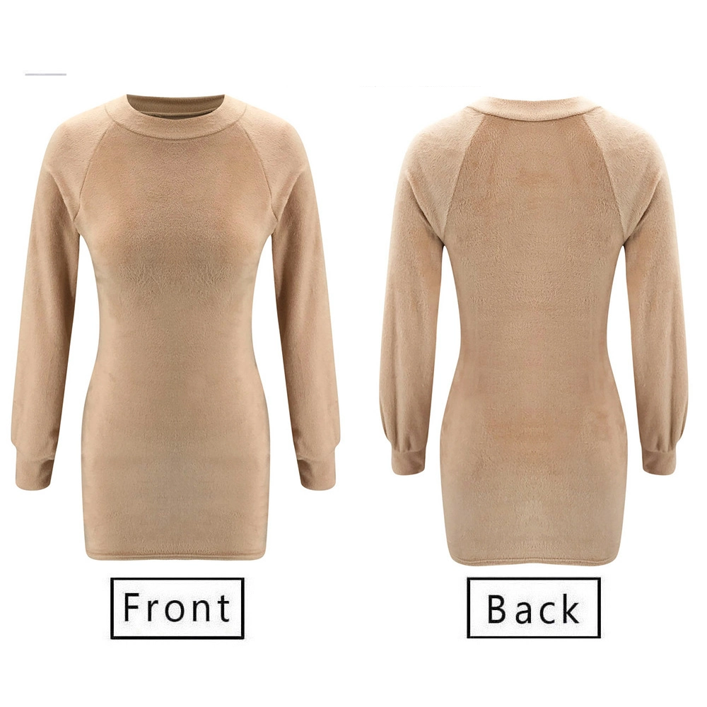 Wholesale Autumn Winter Hot Sale Turtleneck Bodycon Khaki Long Pop Sleeve Plush Mini Dress Women Sweater Dresses