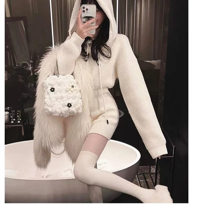 White Knitted Dress for Women in Autumn and Winter, New Waist Closing Style, with Hooded Sweater Underneath