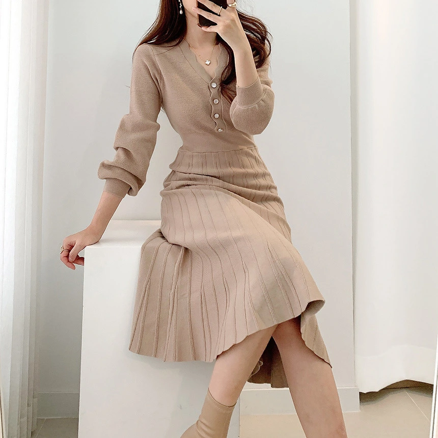 2022 Autumn Women Puff Long Sleeve Knit Dress V-Neck French Sweater Casual A-Line MIDI Long Dress