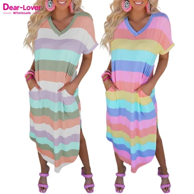 Dear-Lover Clothing Vestidos Casuales Multicolor Listrado Bolsos Laterais Dividido Camiseta Feminina Vestido de Verão