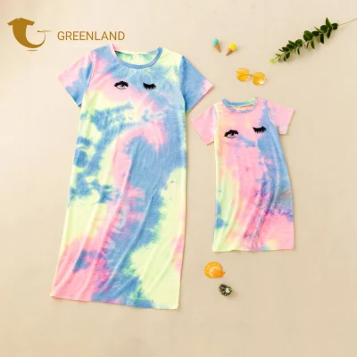 Vestidos de camiseta com design mais recente para mãe e filha roupas por atacado vestidos casuais personalizados de algodão tie dye