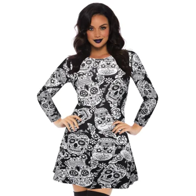 Fantasia de Halloween Saia Estampada Padrão de Esqueleto Feminino Cosplay Vestido Longo Escuro