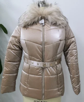 Jaqueta puffer feminina agasalho de inverno com gola de pele falsa de guaxinim falso com zíper frontal