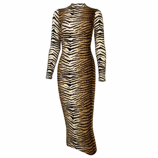 Primavera e outono manga longa fenda sexy decote em V estampa leopardo vestido longo feminino
