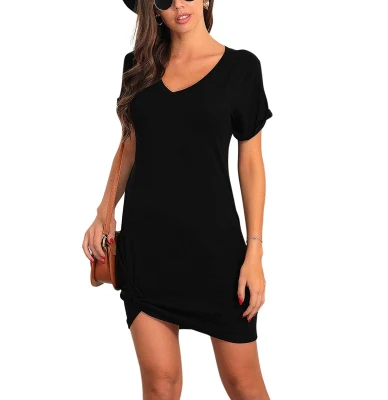 Vestidos femininos premium casuais camiseta vestido fofo mini gravata nó ajustado verão torção decote em v vestido de manga curta