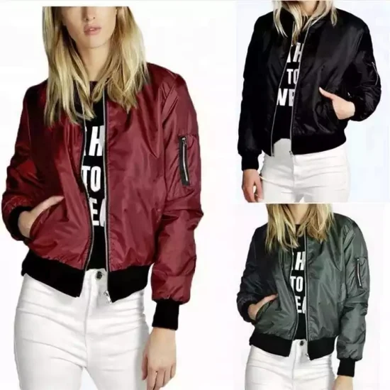 Atacado Liso Cor Sólida Fino Zíper Manga Longa Jaqueta Bomber Moda Feminina Casaco Jaqueta