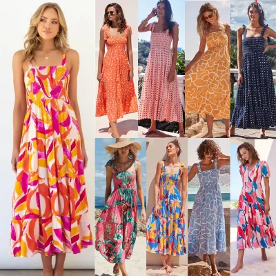 2022 Verão Long Backless Praia Vestidos Boêmios Senhoras Alças Decote Quadrado Floral Maxi Vestido Boho Maxi Casual com Estampado de Logotipo